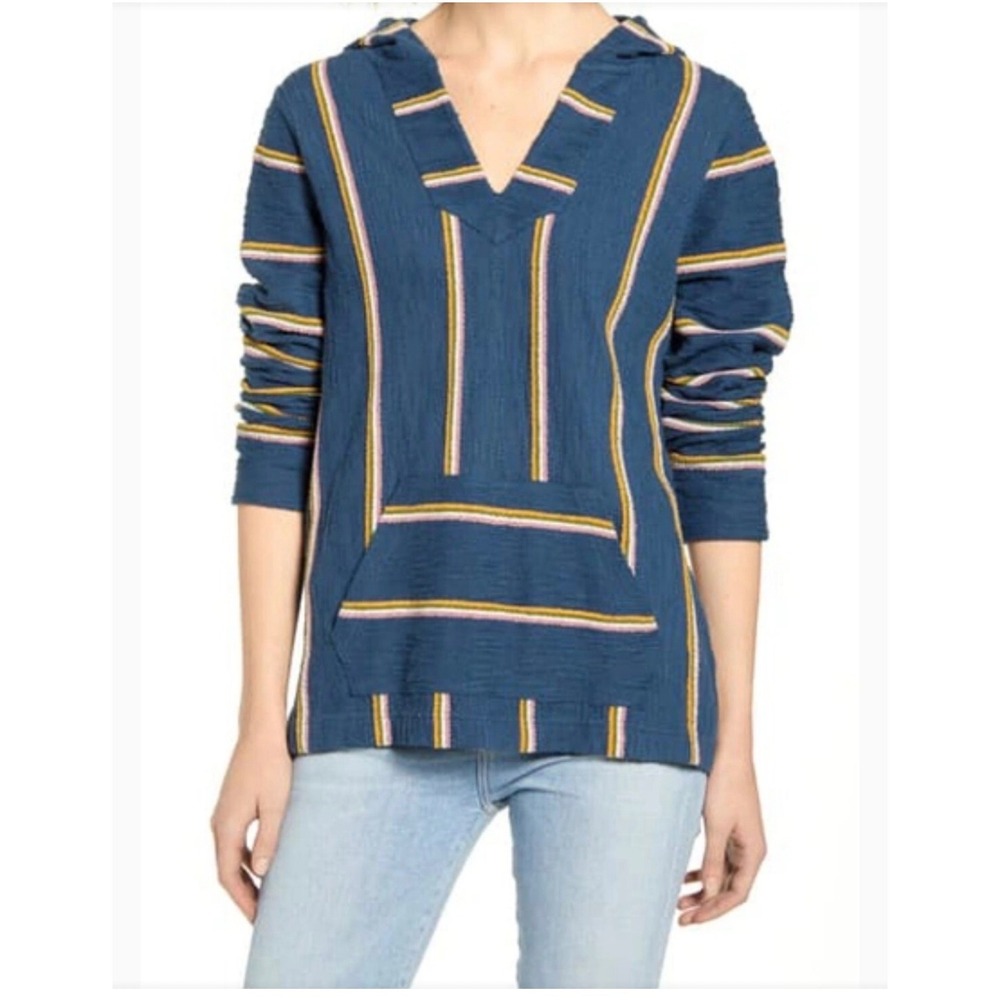 Faherty Brand Baja Beach Hoodie Blue Striped Pullover V-Neck Womens M bohemian